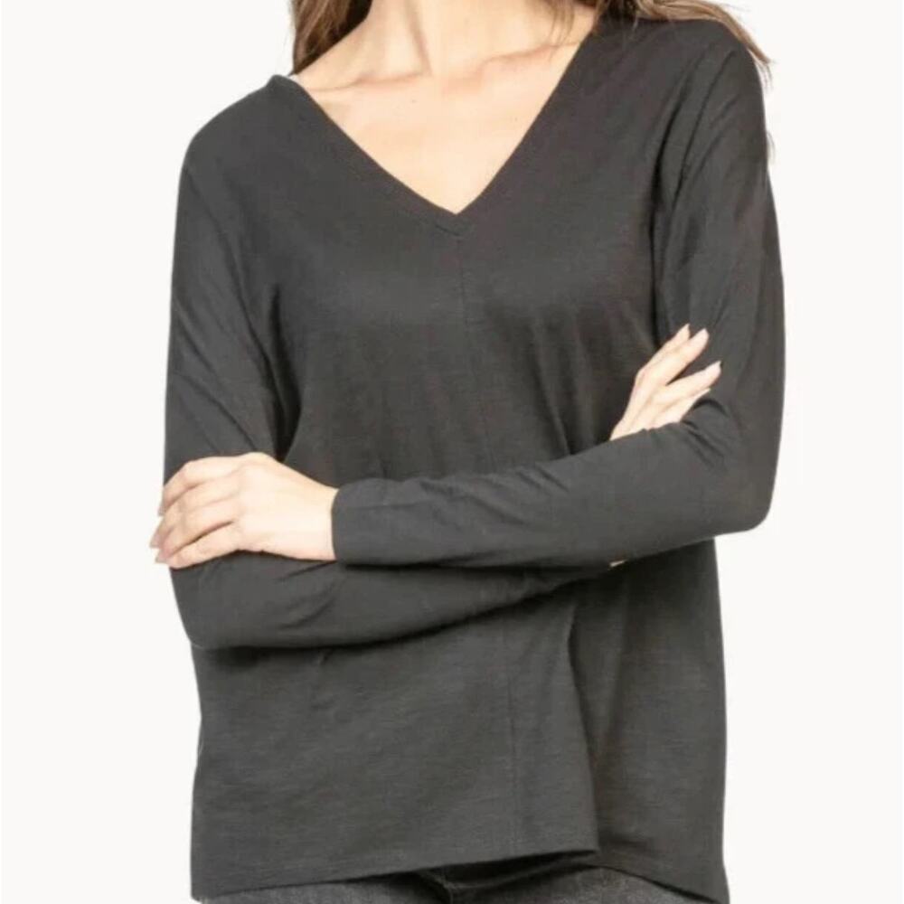 Lilla P black long sleeve draped top soft Pima cotton minimal chic L